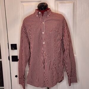 IZOD PREMIUM ESSENTIALS Shirt Mens Large Checks Gingham Red Embroidered Logo
